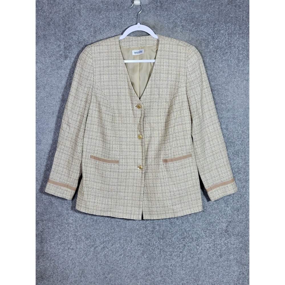 Anne Weyburn Tweed Three Button‎ Blazer Womens Size M Brown Yellow Beige Pockets